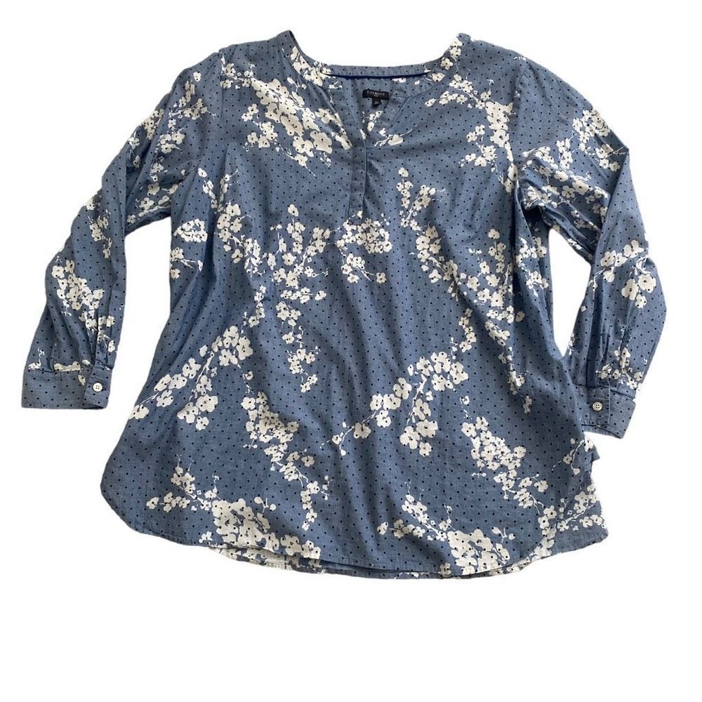 Talbots Womens XXL Top Popover Floral Hidden Button Polka Dot Blue Button Up, S2